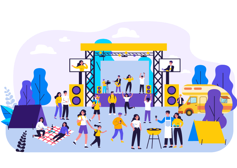 Outdoor festival celebration with RV camping