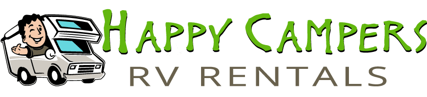 Happy Campers RV Rentals logo with smiling camper in RV